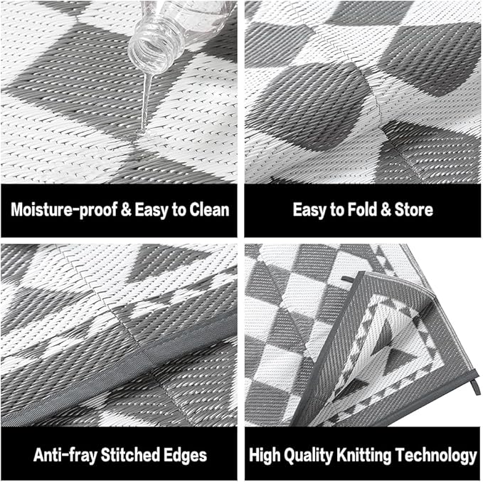Outdoor Waterproof Rug 8'x10' Plastic Straw Rugs Washable Reversible Floor Mat Grey Plaid Carpet for Camping RV Deck Entryance Porch Picnic Balcony Beach Backyard