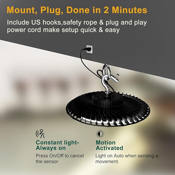 Smart 320W LED High Bay Light with Motion Sensor, 48000lm (Eqv.1200W MH/HPS) High Bay LED Shop Light 100-277V Commerical Grade UFO Lights(Remote Buy Separate)