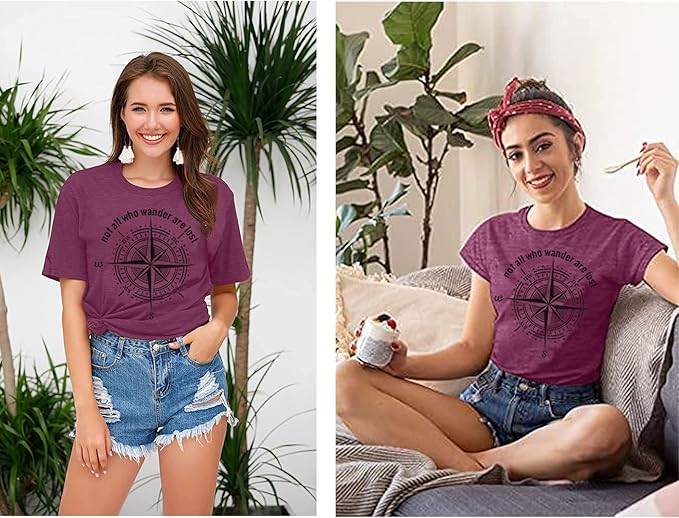 Womens Graphic T-Shirt Not All Who Wander are Lost Funny Tees for Women Summer Casual Tops Athletic Shirts
