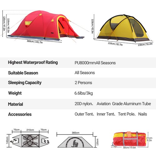 2 Person 4 Season Tent, Winter Camping Tent Waterproof Windproof Lightweight Tent 20D Nylon PU8000mm Easy Set Up for Winter, Cold Weather Outdoor Camping Hiking Family Camp Mountaineering