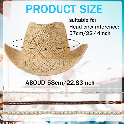 Cutecrop Felt Cowboy Hat for Women Men with 6 Replacement Hat Belts Wide Brim Western Hat for Party(Stylish) Beige
