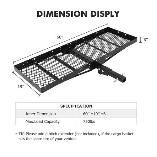 GarveeTech 750 Lbs Hitch Mount Cargo Carrier Basket 60" x19" x 6", Rear Luggage Rack Basket Fits 2" Receiver for Car Camping Traveling, Black Cargo Carrier Basket
