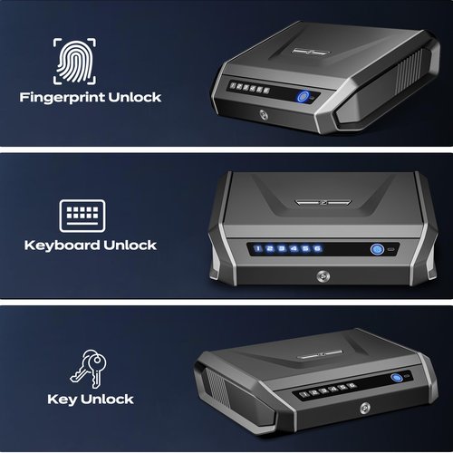 Gun Safe with LCD Display, ≤0.1s Quick Access Handgun Safe for 2-4 Pistols, Hand Gun Lock Box with Fingerprint | Keypad | and Keys for Home Drawer Bedside Nightstand TOPMEDA