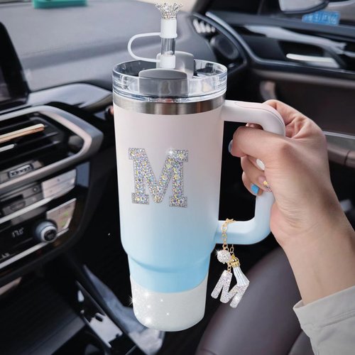 LA KEN DU Letter Charms for Stanley Cup Handle,Silicone Boot Accessories Charms for Stanley Cup 40oz 30oz,Crown Straw Cover Topper & Diamond Sticker (M)