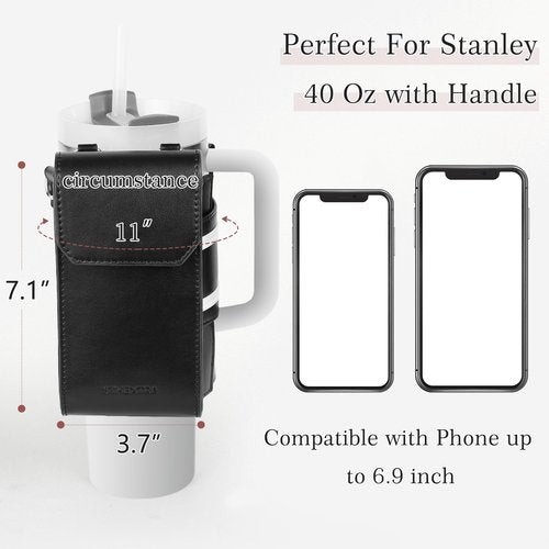 Cup Holder for Stanley 40 Oz Tumbler with Detachable Phone Pouch, Durable Leather Water Bottle Carrier with Adjustable Canvas Strap, Phone Purse and Straw Cover, Stanley Cup Accessories