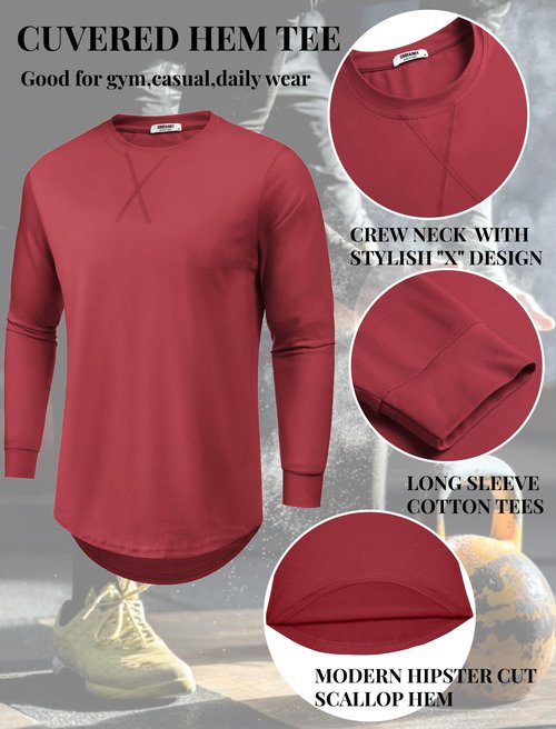 COOFANDY Men's Muscle Fitted T Shirt Gym Workout Bodybuilding Long Sleeve Tee Cotton Hipster Hip Hop Longline Casual Crewneck Fall Shirt