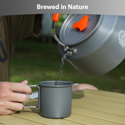 INFOOD 2.5L Camping Kettle Set - Camp Tea Coffee Pot with 2 Cups & Carrying Bag for Outdoor Camping Campfire Hiking Picnic & Backpacking, Gray