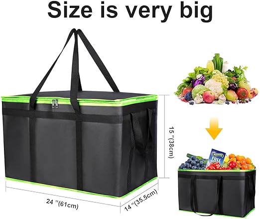 musbus XXXL-Large Insulated Grocery shopping bags, Green, reusable bag,thermal zipper,Collapsible,tote,cooler,food transport hot and cold,camping,Recycled Material delivery groceries