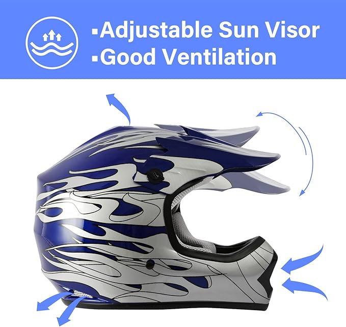 TCT-MOTORPARTS DOT Youth Kids Motocross ATV Four Wheeler Riding Racing Helmets Offroad Street Dirt Bike Go-Kart BMX MX Full Face Helmet Blue Flame Medium Size