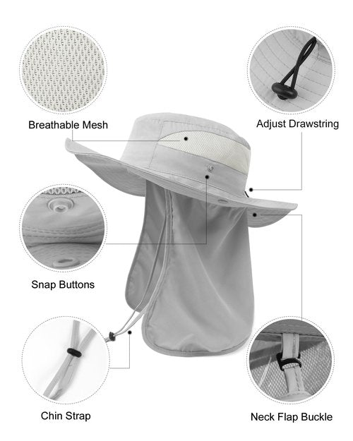 Zylioo Oversized 62-65cm UV Sun Hats with Flaps,Big Size Boonie Hat with Drape Beach Hats with Neck Protection Flap