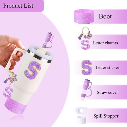 Stanley Cup Accessories Set of 6 PCS, Including Letter Stickers, Letter Chains, Straw Caps, Cup Sleeves, and Spill Proof Stoppers, Purple, 30 Oz 40 Oz, Water Bottle Carrier Set