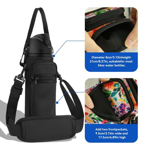 SLEILIN Neoprene Water Bottle Holder Bag with Cell Phone Pocket Compatible with Owala FreeSip 24 oz,Water Bottle Carrying Bag ,with Adjustable Shoulder Strap,for 24oz Stainless Steel Water Bottle