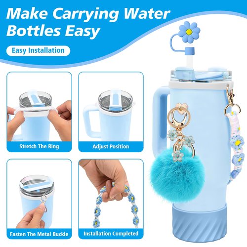 7PCS Accessories Set for Stanley Cup 40 oz 30oz, Including Protective Silicone Boot, Water Bottle Handle Strap, Keychain Charm, Heart Hook, Straw Cover Cap for Stanley Cup Accessories (Blue)