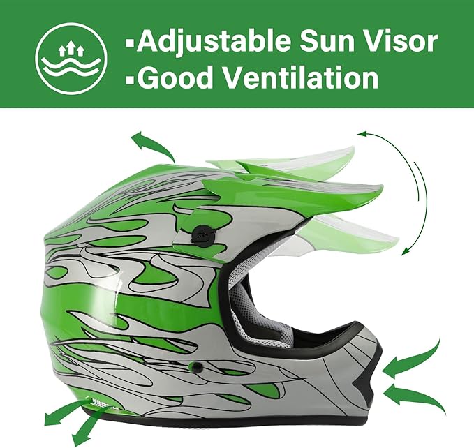 TCT-MOTORPARTS DOT Youth Helmet Kids Motocross ATV Motorcycle Four Wheeler Riding Racing Helmets Offroad Street Dirt Bike Go-Kart BMX MX Full Face Helmet Green Flame Samll Size
