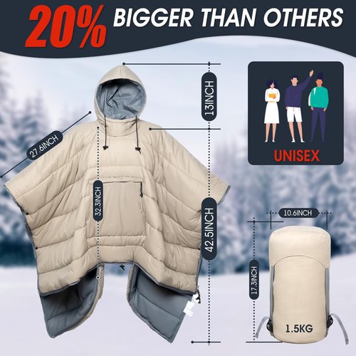 Buylaunch Sleeping Bag Wearable Hooded Blanket - Envelope Lightweight Thermal Cloak Cape Windproof with Premium Stuff Compression Sack for Backpacking Hiking Hunting Fishing Outdoor Sport,Khaki