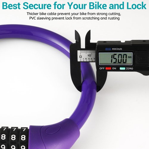 IDEALUX Bike Lock Cable, Bicycle Cable Lock with 5 Digit Combination,Big Head & Metal Pin with Copper Lock Core, Resettable Kids Bike Cable Lock, 20" x ∅0.8" Purple