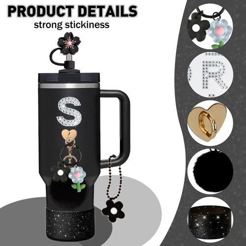 SDIDVIEXPERT Accessories for Stanley Cup,Rhinestone Letter Stickers Silicone Flower Straw Cover Cup Boot Cute Colorful Flowers Charms Pompom Ball Keychain for Stanley 40oz and 30oz Tumbler(Black)