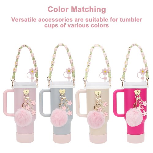 Stanley Cup Accessories Set Including 1 Pcs Water Bottle Handle Strap, 1 Pcs Siliocne Stanley Cup Boot, 1 Pcs Siliocne Straw Cover, 2 Pcs Stanley Charms for Stanley Cup 40oz & 30oz Tumbler
