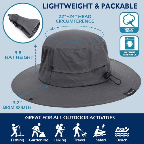 Sun Hats for Men Women Wide Brim Bucket Hat UPF 50+ Ponytail Boonie Hat Packable UV Protection Hiking Beach Fishing Safari