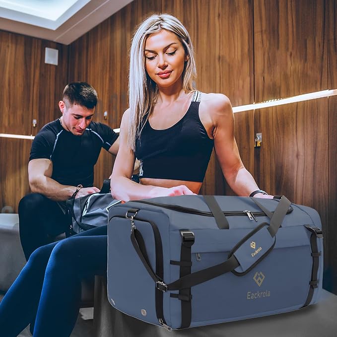 Eackrola Large Sports Gym Bag, Travel Duffel bag with Wet Pocket & Shoes Compartment for men women, 65L, Lightweight(Haze Blue)