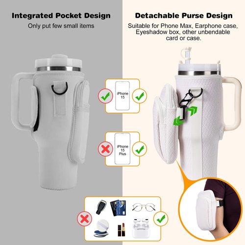 Water Bottle Carrier Bag with Removable Phone Pocket for Stanley 40oz Tumbler, Stanley Purse for Spots&Outdoors, Stanley Cup Accessories with Adjustable Shoulder & Hand Strap, White
