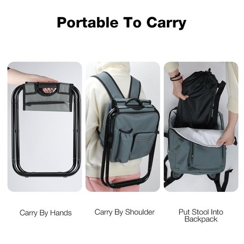 Outplea Lightweight Folding Backpack Stool with Cooler, Beach Fishing Cooler Chairs Backpack for Adults, Gray