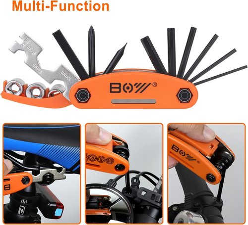 Bike Tool Kit Set, Portable Bike Repair Kit include 16 in 1 Multi Tool, 2 iron Tire Levers and 5 Pre-glued Patch Tire Patch, Metal Files, All in One Mini Tool Bag