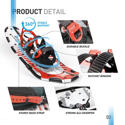 G2 21 Inches Light Weight Snowshoes for Women Men Youth, Set with Trekking Poles, Tote Bag, Gaiters,Special Fast Ratchet Binding(Red&White)