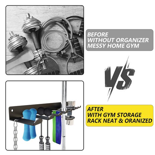 Wall-Mounted Gym Equipment Storage Rack - Home Gym Resistance Band Rack for Resistance Bands, Barbells, Jump Ropes, Lifting Belts, and More | Includes 8 Hooks and Carabiners