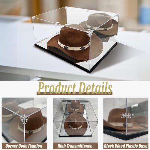 Cowboy Hat Display Case & Protector Box - Dual Mirror - 3mm Clear Premium Acrylic, Dust & UV Proof - Fits Most Hats (16.1" L x 11.8" W x 7.9" H)