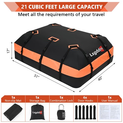 CYDDUP Roof Bag, Waterproof Soft Car Top Carrier Without Rack, 21 Cubic Feet Cargo Carrier for Top of All Vehicles with/Without Rack, Includes Anti-Slip Mat, 6 Door Hooks, Luggage Lock, Storage Bag
