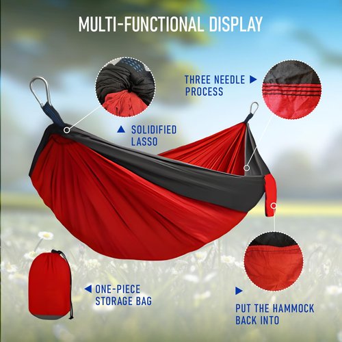 Camping Hammock for Adults with 2 Tree Straps – Lightweight & Portable Nylon Hammock Swing for Hiking, Travel, Backpacking, Backyard (Red+Black)