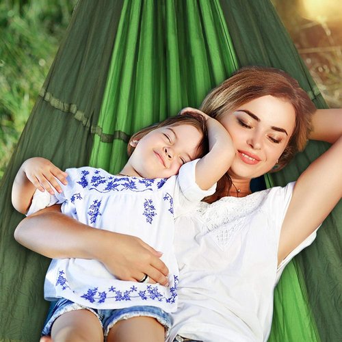 Camping Hammock with Net, Lightweight Portable Double Parachute Hammocks, 210T Nylon, High Capacity and Tear Resistance, Perfect for Camping, Backyard Relaxation (Green)