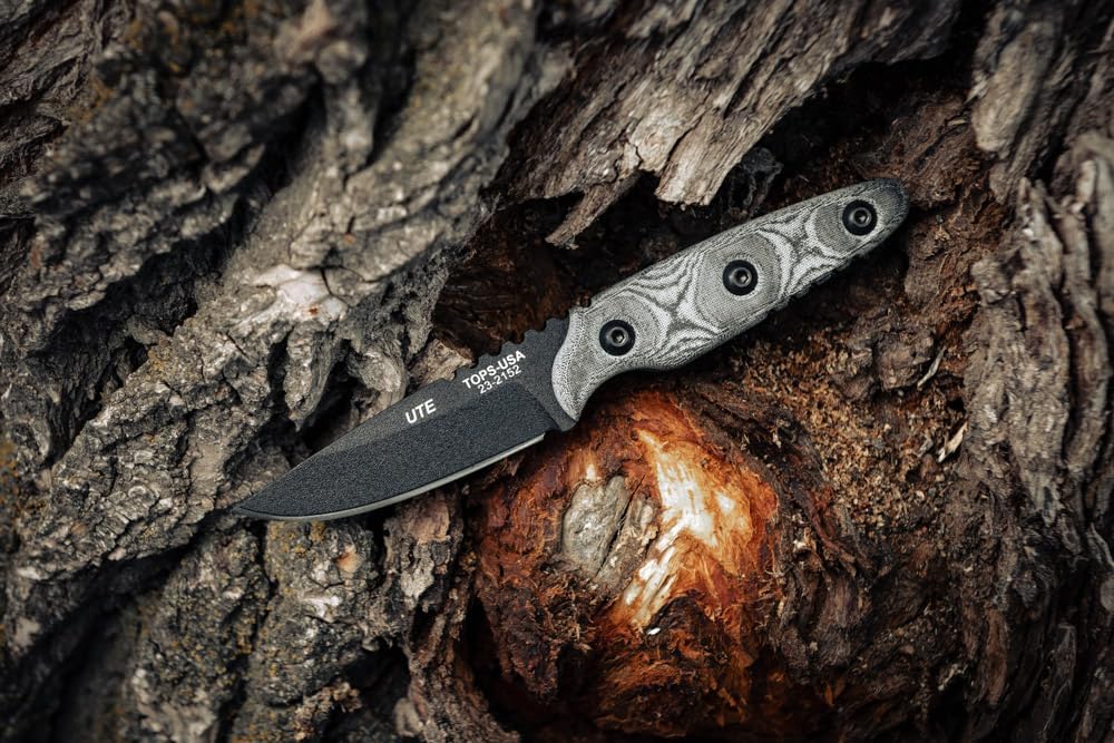Tops Knives TPUTE02: Ute-Utility Tool Edged Fixed Blade- Black Kydex Sheath with Black Rotating Spring Steel Clip
