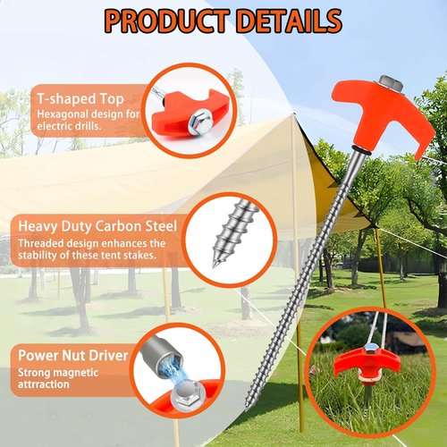 Kimmkco 8 Pack 8" Screw in Tent Stakes Heavy Duty Ground Anchors, Tent Pegs Metal Tent Spikes Camping Tent Stakes with Hex Head Driver & Nail Extractor for Outdoor, Camping, Canopy, Gardening, Beach