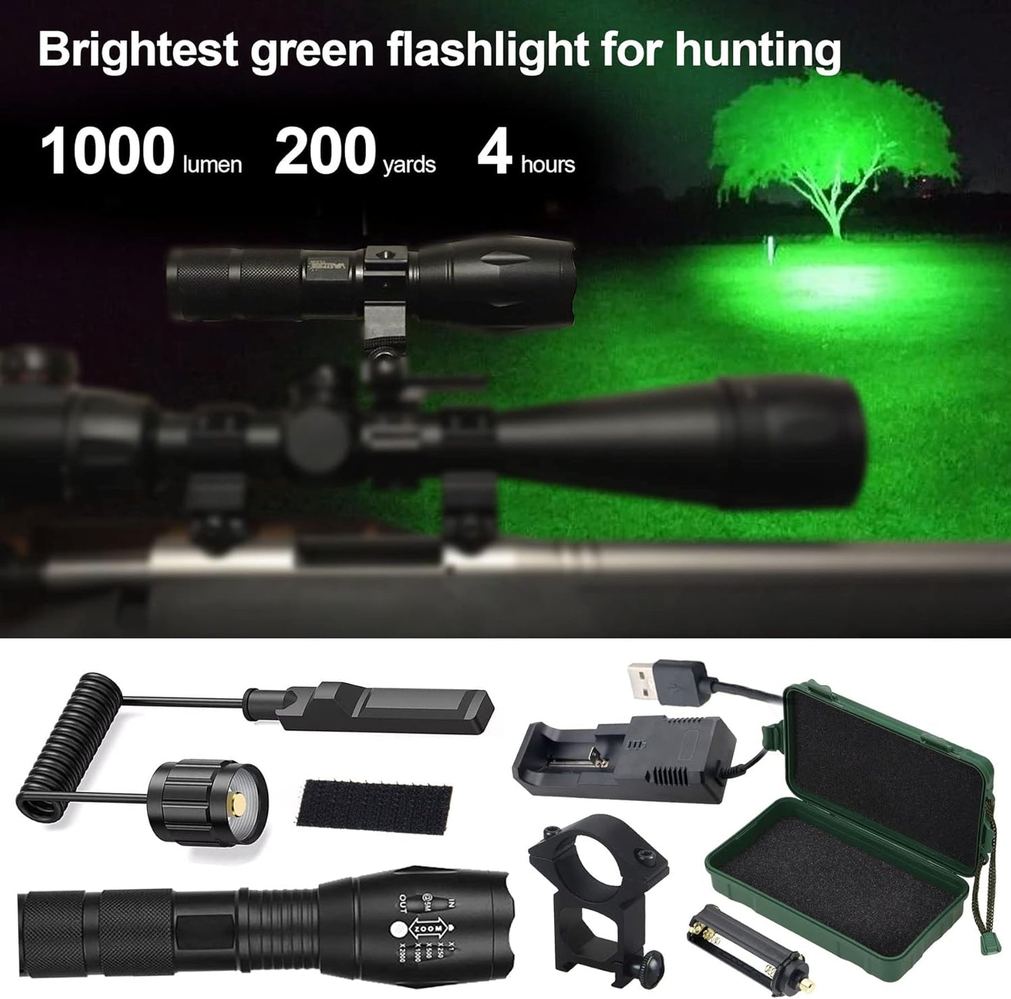 VASTFIRE 350 Yard Green Hunting Light Zoomable Flashlight Hog Predator Lights with Pressure Switch Picatinny Rail Mount 1 Inch to 30mm Scope Mount Gift Carrying Case