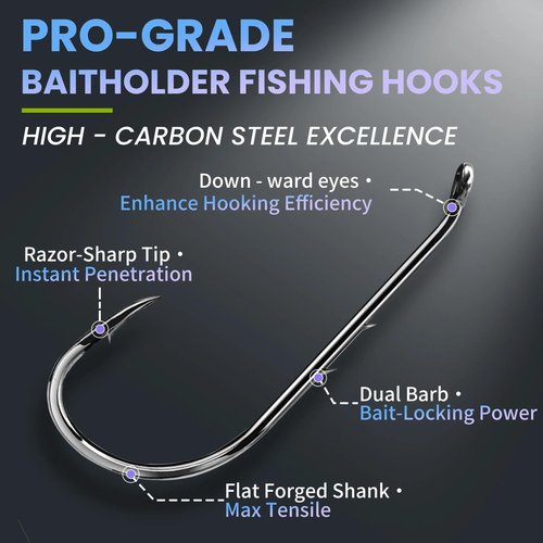 Natufish Baitholder Fishing Hooks 50Pcs Bait Holder Hooks Offset/Double Barbed/Long Shank/Down Eye for Soft Live Baits Saltwater(Size 4#)