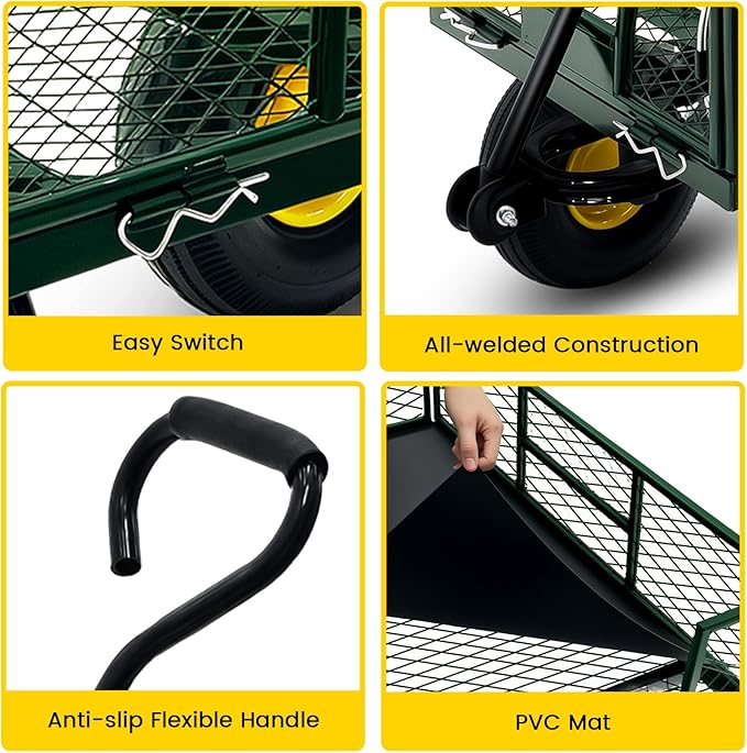 Steel Garden Cart, 2-in-1 Heavy Duty Utility Wagon 500 LBS Capacity Carts with Removable Mesh Sides to Convert into Flatbed, 240° U-Turn 10" Pneumatic Tires Garden Wagon for Lawn Camping Farm Yard