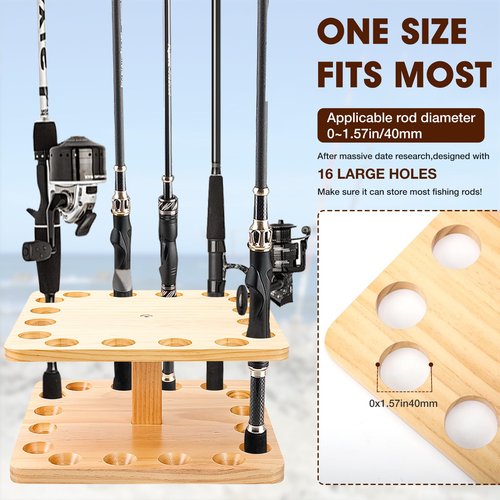 okkoCoin Fishing Rod Holders for Garage,Floor Stand Holds up to 16 Rods Wood Fishing Gear Equipment Storage Organizer, Fishing Gifts for Men