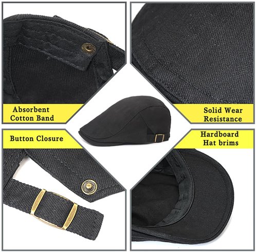 Xinveen Newsboy Hats for Men Flat Cap Cotton Adjustable Breathable Irish Cabbie Ivy Driving Hunting Hat Black