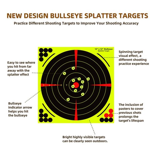 Lipulacer 12x12 inch Splatter Targets, Bullseye Shooting Targets Adhesive Stickers with Bright Fluorescent Yellow Effect for Outdoor Indoor Shooting Practice(20PACK)