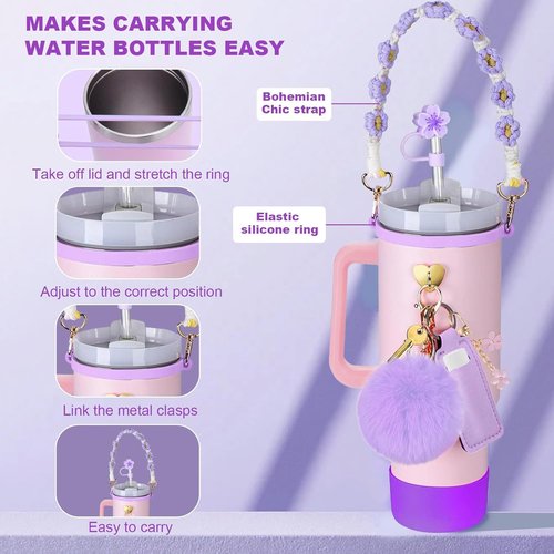 Eitfrh 10Pcs Stanley Cup Accessories for 30 oz 40 oz, With Weaving Water Bottle Handle Strap, Straw Covers, Boot, Charms Compatible With Stanley 40 oz Tumbler