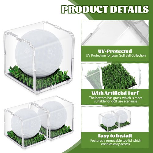 Tioncy 2 Pcs UV Protected Golf Ball Holder Display Case with Turf 2x2 x2 Inch Clear Acrylic Golf Ball Hole in one Stand Display Case Storage Box for Memorabilia Autograph Souvenir Collection