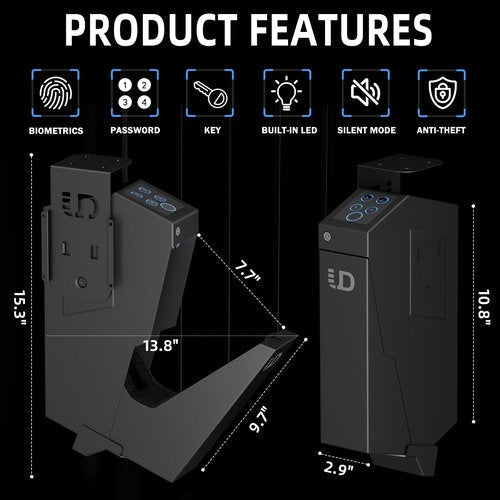 Urban Deco Gun Safe for Handgun Drop Down,Quick Access Pistol Safe Mounted Single Biometric Safes For Nightstand, Desk, Bedside,Vehicle Handgun Safe Auto Open - With Fingerprint, Pin Code, Key Access