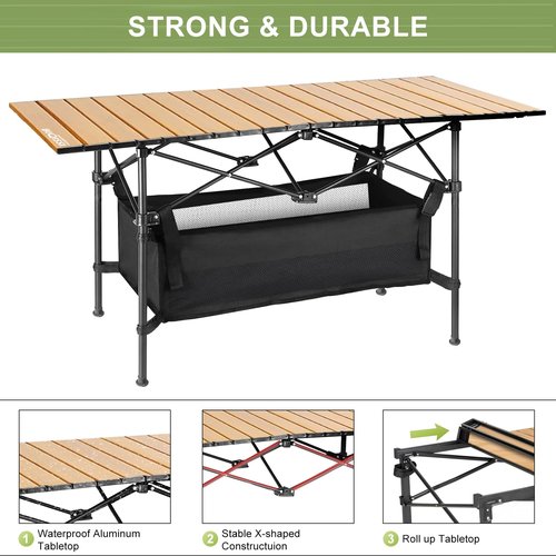Folding Camping Tables That Fold Up Lightweight,Aluminum Roll Up Camping Table for 4-6 Person Camp Table with Large Storage and Carrying Bag for Outdoor, Picnic, Backyards, BBQ, Beach, 220 Lbs, Oak