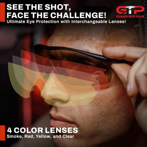 GuardTech Plus Shooting Glasses for Men and Women - ANSI Z87.1 Interchangeable Eye Protection - Shooting Safety Gear - 100% UV, Anti-Fog, Anti-Scratch Swappable Lenses Firing Range Glasses
