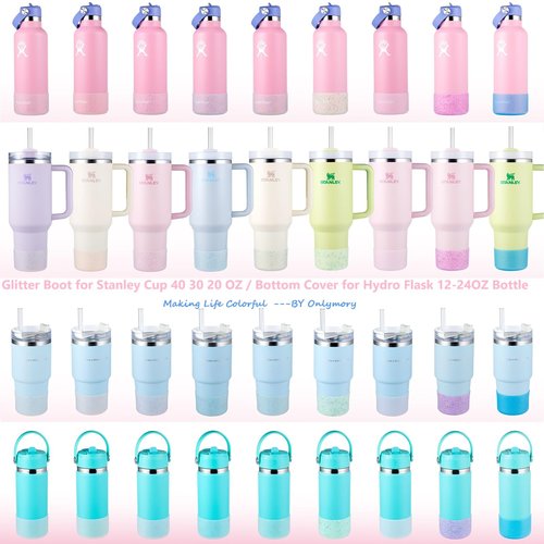 Onlymory Silicone Boot for 30 40 OZ Stanley Cup Accessories, Glitter Boots for Stanley 20OZ 30OZ Tumbler Ice-Flow 16OZ Bottle, Anti-Slip Bling Protector Bottom Cover Sleeve, Clear Carnation
