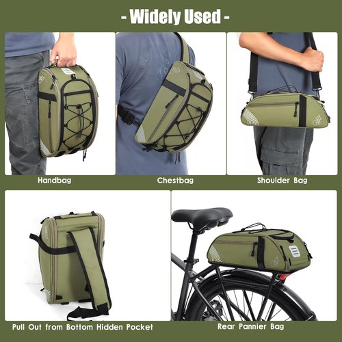 BEEYEO Rear Bike Rack Bag Waterproof Bike Bags with Reflector, Rain Cover & Shoulder Strap for Commuter Travel Outdoor, Green