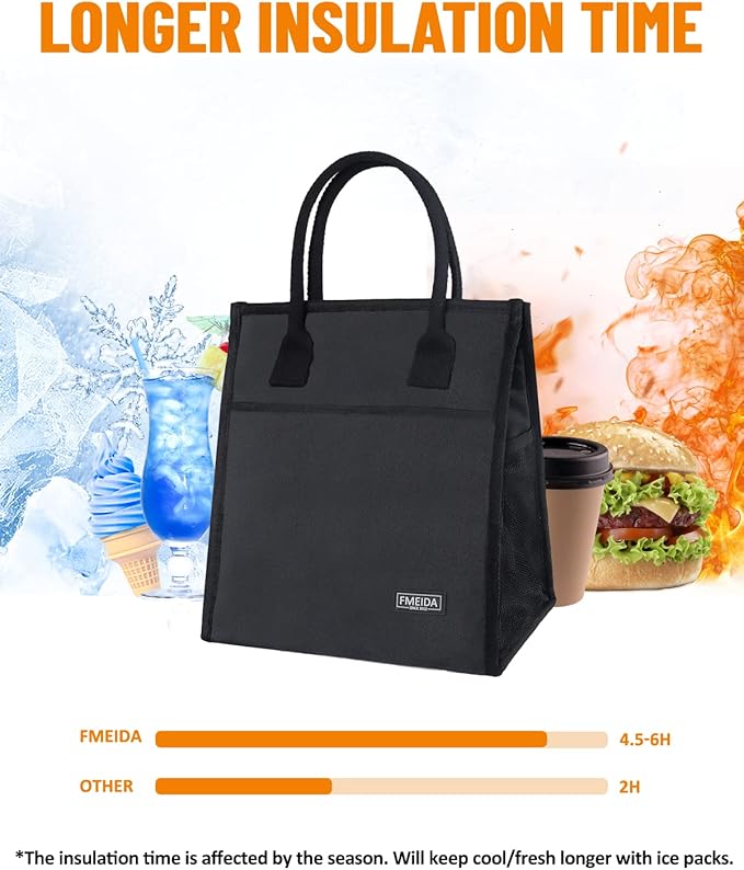 Fmeida Insulated Lunch Bag - Thermal Black with Side & Interior Pockets, Reusable Adult Lunch Tote for Women, Men, Office, Work, College, Beach, Travel
