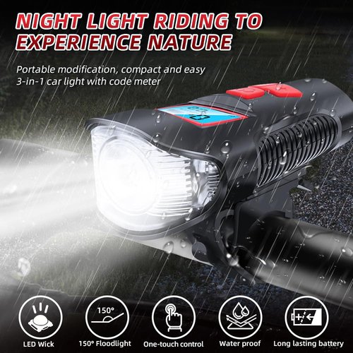 Super Bright 6-Bead LED Multi-Functional Waterproof Bicycle Light Set, USB Charging, Bicycle Headlight and Rear taillight, Intelligent Power Display and six Horn Sounds, Suitable for Night Riding
